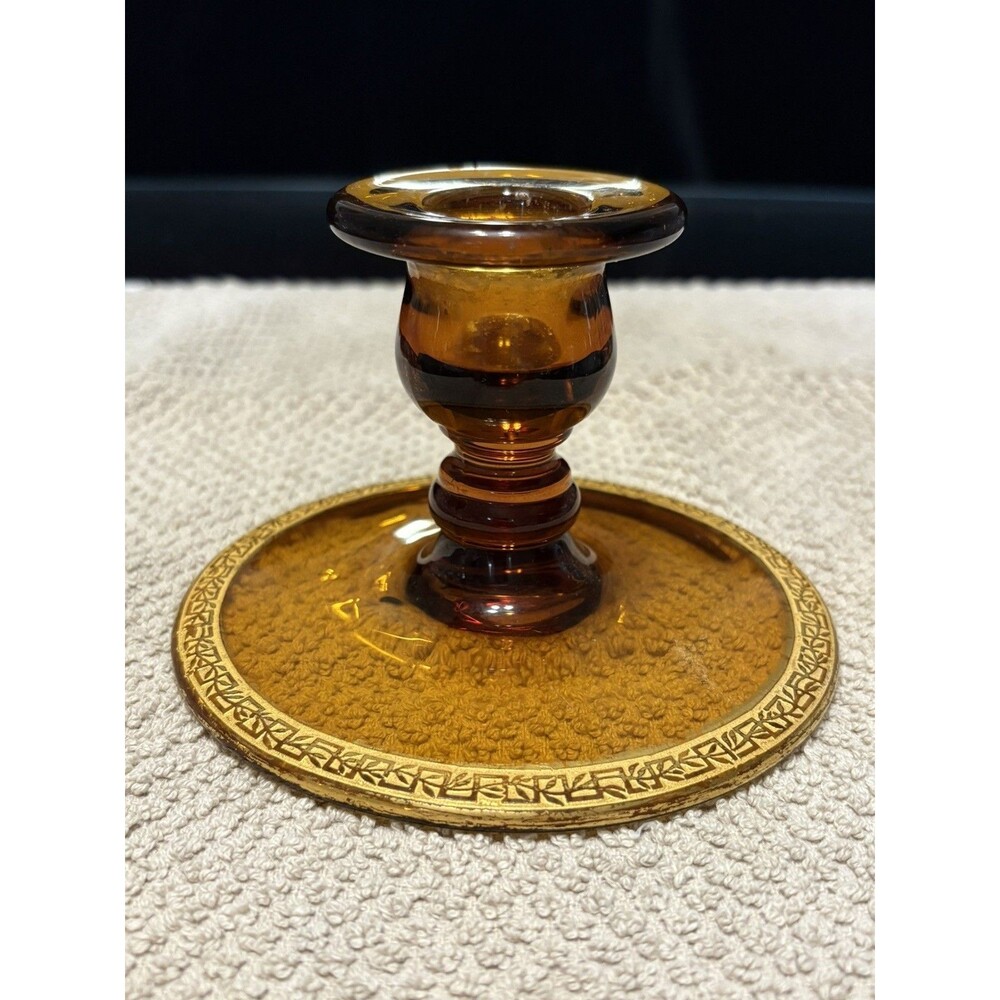 Vintage Amber Depression Glass Candle Holders with Pressed Floral Pattern